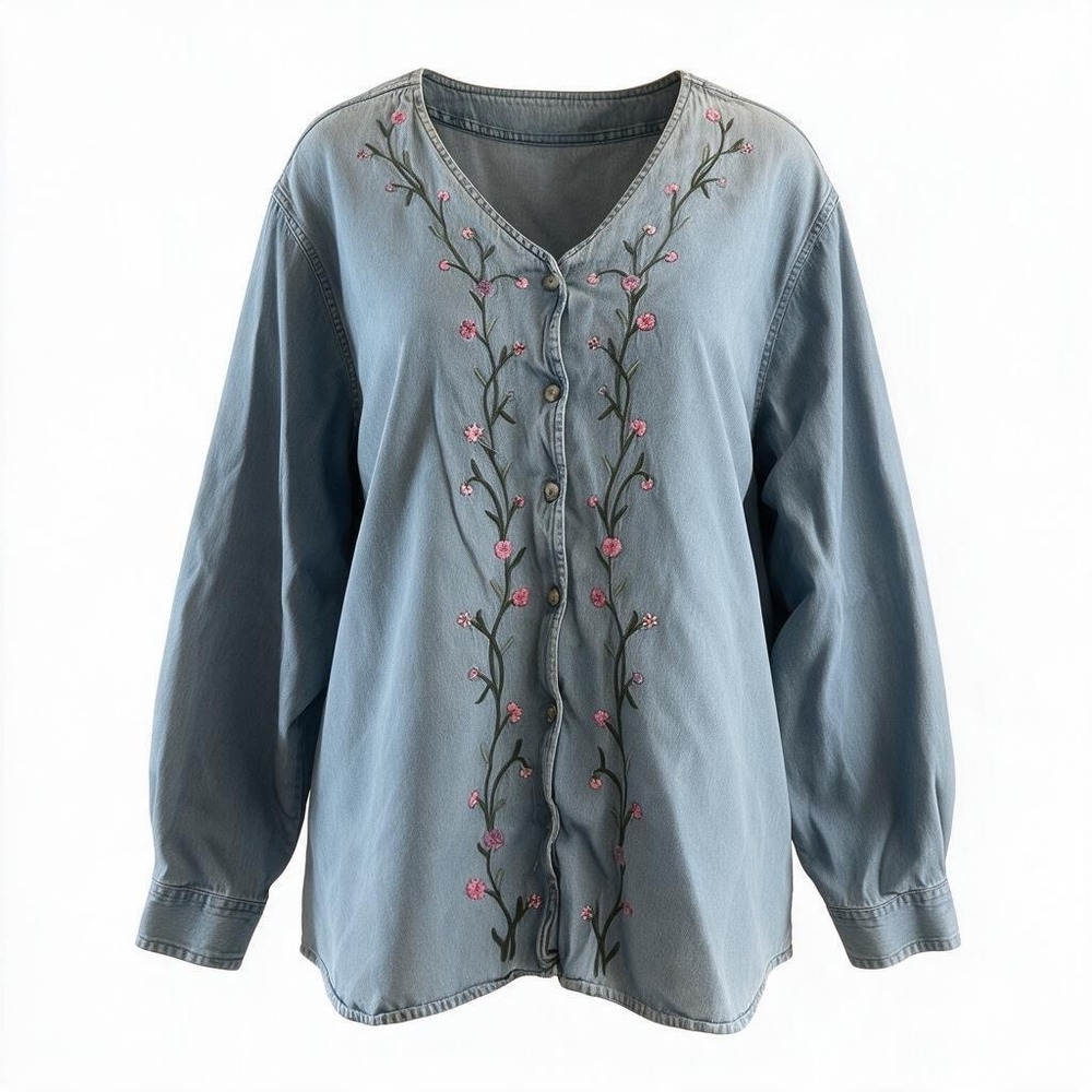 Fashion Bug Floral Embroidered Denim Shirt Blue 30/32 Button Front V-Neck